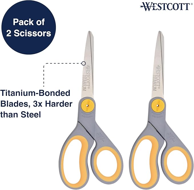 Westcott 8-Inch Titanium-Bonded Scissors with Adjustable Glide Feature for Office and Home - Gray/Yellow, 2-Pack-DeskLoop Office