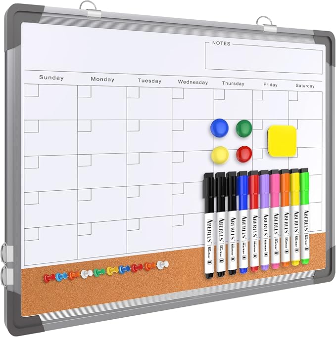 Monthly Calendar Whiteboard Dry Erase Cork Board Combination for Wall, 17"x13" Magnetic Dry Erase Board, Double-Sided White Board, Portable Board for Office, Kitchen, Planning, Memo, School, Home-DeskLoop Office