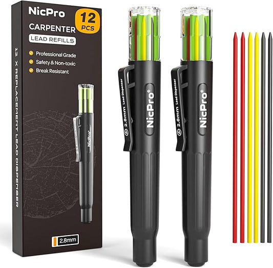 Nicpro 12 Pcs Carpenter Pencil 2.8mm Lead Refills, Replacement Lead Dispenser (including 4x Black, Red, Yellow), Break Resistant 2.8 mm Leads for Construction Pencils, Woodworking Pencils-DeskLoop Office
