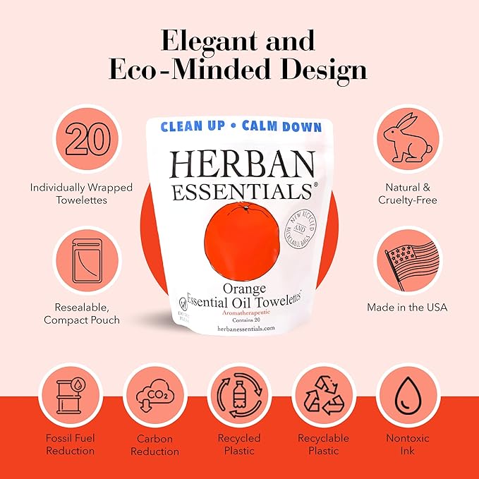 Herban Essentials - Orange Wipes & Towelettes - Essential Oil Wipes for Make Up, Hands, Face & Body - Travel Size Essentials & Toiletries - Natural, Individually Wrapped, Disposable & Moist (20 count)-DeskLoop Office