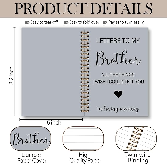 OINDADE Loss of Brother Sympathy Gifts Grief Notebook Journal, Letters to My Brother in Heaven Journal, Memorial Notebooks Gifts for Loss ofBrother, In Loving Memory Sympathy Gifts, 6x8.2In-DeskLoop Office