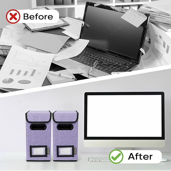 BALEINE File Organizer Box with Lid, Collapsible File Folder Organizer with Plastic Slide, Hanging File Folder Box for Office Document Storage (1 Pack, Purple, S)-DeskLoop Office