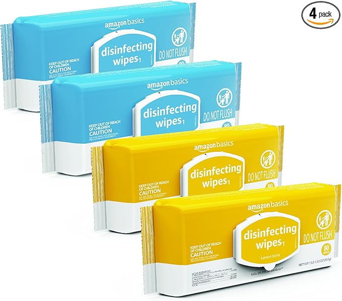 Amazon Basics Disinfecting Wipes, Lemon & Fresh Air Scent, Sanitizes/Cleans/Disinfects/Deodorizes, 320 Count (4 Packs of 80)-DeskLoop Office