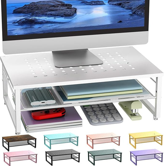 gianotter 2-Tier Metal Monitor Stand Riser, Desk Accessories & Workspace Desk Organizers, Office Desk Storage Organizer for Office Supplies (White)-DeskLoop Office