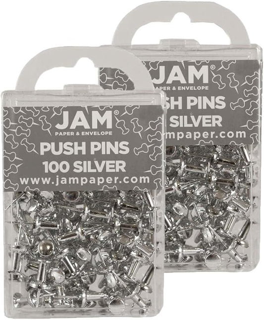 JAM PAPER Colorful Push Pins - Silver Pushpins - 2 Packs of 100-DeskLoop Office
