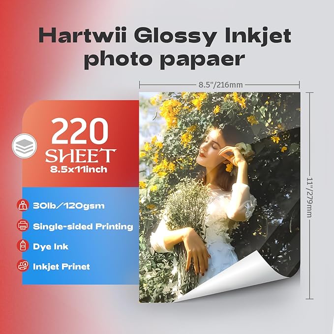 220 Sheets Inkjet Glossy Thin Paper 8.5x11 inch 30lb 120gsm A4 Letter Size For Brochure Printing, CustomChip Bag Party Favors,Single Side, Suitable for All Dye Ink HP001-DeskLoop Office