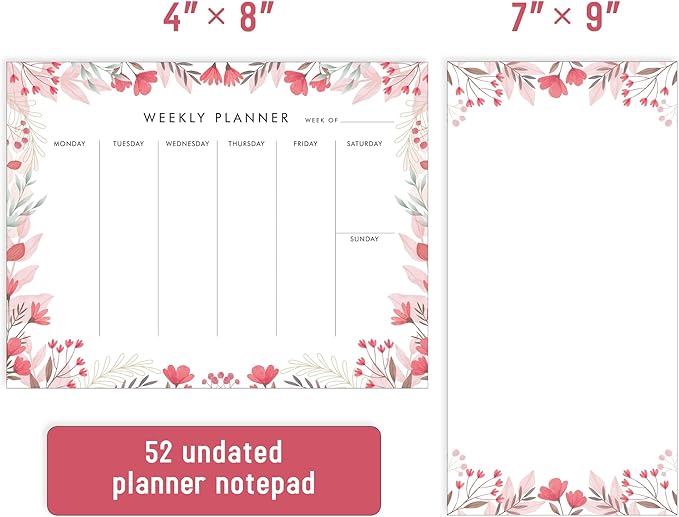 Weekly Planner Notepad Tear Off Set of 2 Weekly Calendar Pad 52 Undated To Do List Notepad Desk Planning Pads Productivity Tracker for Work School Home Goals Notes Schedule Ideas, Floral Pink-DeskLoop Office