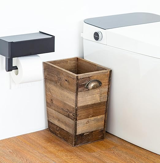 Small Wood Trash Can, Farmhouse Rectangular Garbage Can Waste Basket, Rustic Distressed Reclaimed Wood Wastebasket, Vintage Wooden Trash Recycling Bin Storage Basket with Metal Handles (Natural)-DeskLoop Office