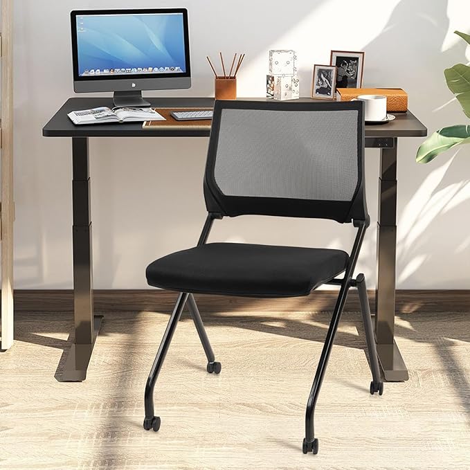 CLATINA Stackable & Foldable Conference Room Chairs, Waiting Room Chairs with Wheels & Lumbar Support, Ergonomic Mesh Bouncing Back Folding Chair for Office Meeting Schools Training, Black-DeskLoop Office
