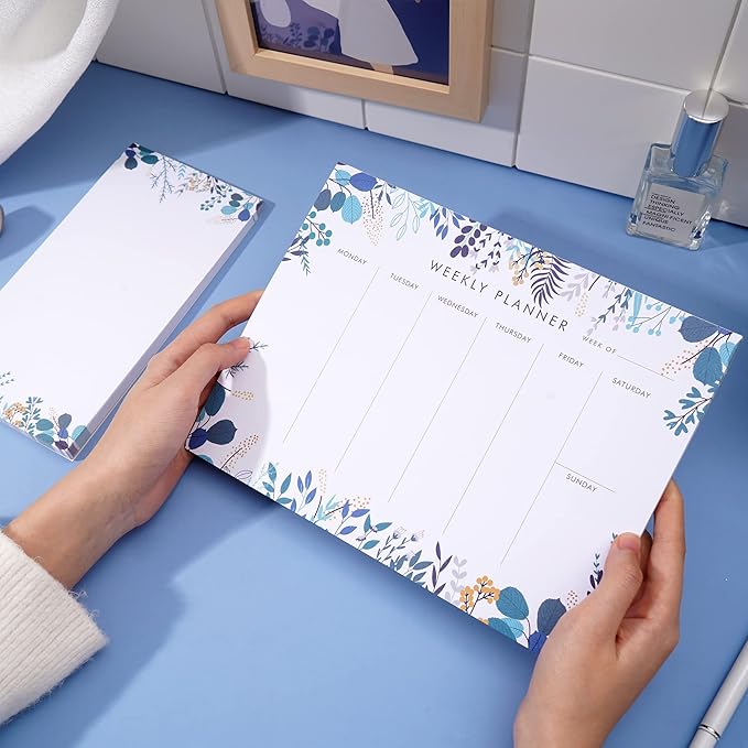 Weekly Planner Notepad Tear Off Set of 2 Weekly Calendar Pad 52 Undated To Do List Notepad Sheets Desk Planner Planning Pads Productivity Tracker for Work Goals Notes Schedule Ideas, Floral Blue-DeskLoop Office