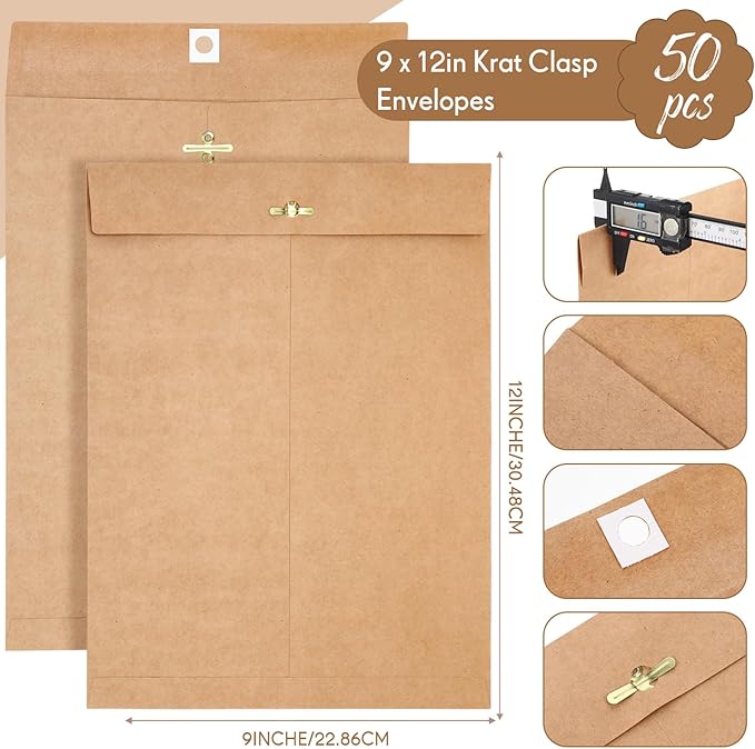 Teling 50 Pcs Manilla Envelopes Clasp Kraft Catalog with Closure for Storing Mailing 28 lb Kraft Envelope Paper for Office Document School Business Home(Brown,9 * 12)-DeskLoop Office