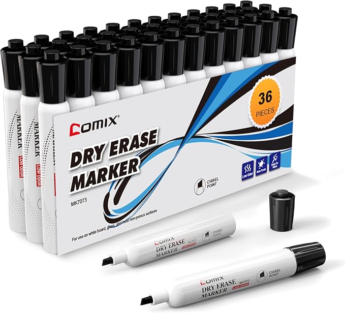Comix Low Odor Dry Erase Markers, 36 Bulk Black Color Whiteboard Markers, Chisel Tip Thick Markers for Kids Teachers-DeskLoop Office