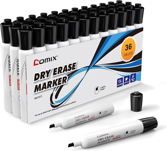 Comix Low Odor Dry Erase Markers, 36 Bulk Black Color Whiteboard Markers, Chisel Tip Thick Markers for Kids Teachers-DeskLoop Office