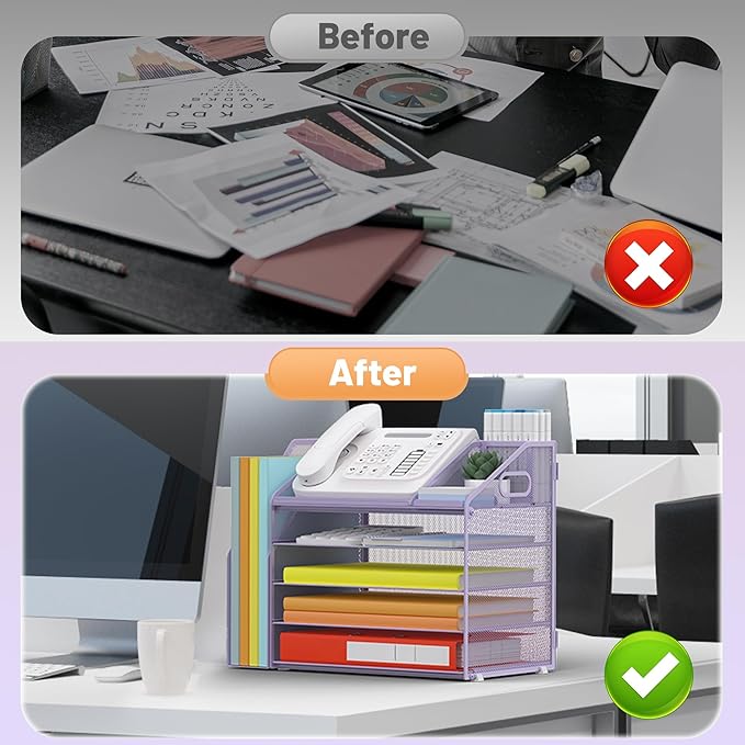 DocNest 5 Tier Paper Letter Tray File Organizer, Mesh Desk File with Handle, Workspace Desk Organizers with Pen Holder, Office Organization Storage Accessories - Purple-DeskLoop Office