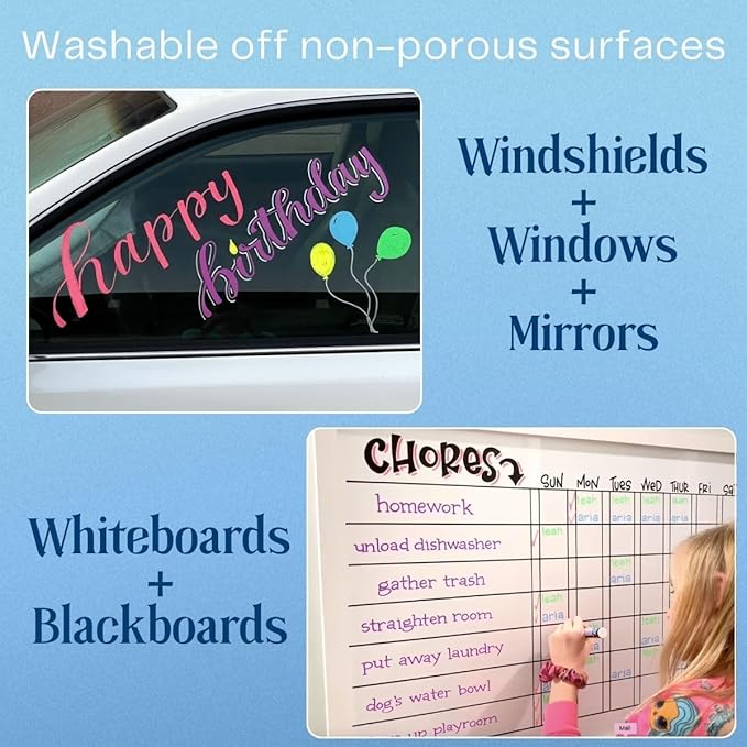 Liquid chalk markers washable, erasable, dry or wet erase. 6 neon markers for whiteboards, glass boards, mirrors, chalkboards, windows, car windshields, glass. Non-toxic, reverse tip pens