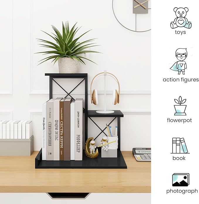 ELITEROO Wood Desktop Shelf, 3 Tier Desk Shelves Small Bookshelf Organizer, Office Storage Rack and Cubicle Organizers Accessories for Dorm Office Home Decor, Black-DeskLoop Office