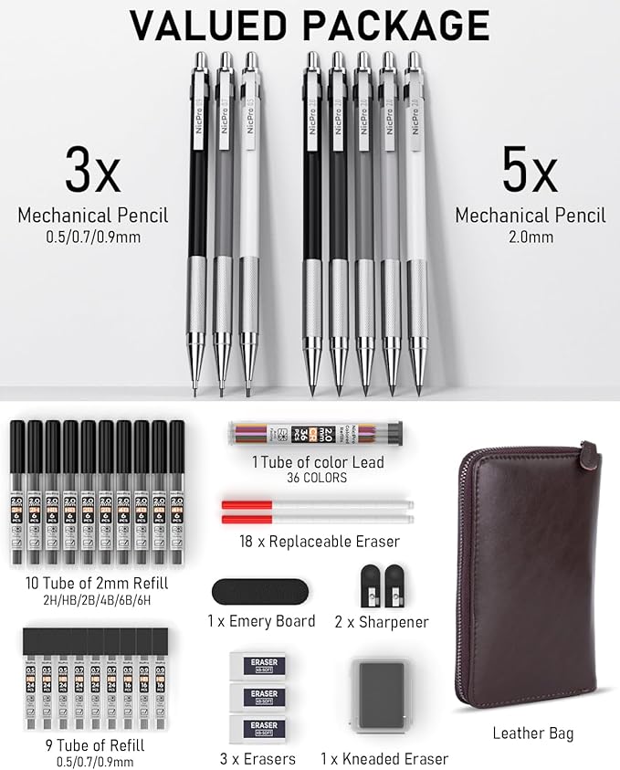 Nicpro 38PCS Art Mechanical Pencils Set in Leather Case, 3 PCS Metal Drafting Pencil 0.5, 0.7, 0.9 mm & 5 PCS 2mm Lead Holder (6B 4B 2B HB 2H 4H Colors) For Sketching Drawing With 20 Tube Lead Refills-DeskLoop Office