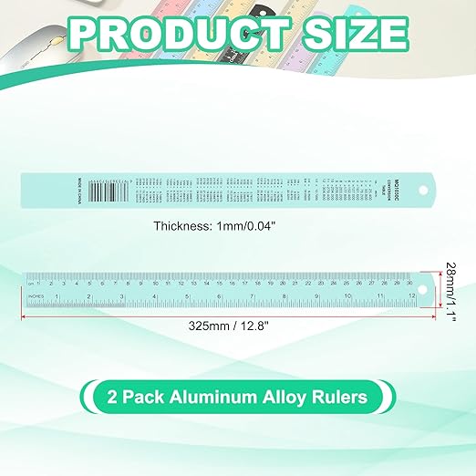 PATIKIL 30cm/12 Metal Ruler, 2 Pack Aluminum Alloy Rulers with Centimeters, Millimeters, Inches and Conversion Table Straight Edge Ruler for Writing Machinist Drafting, Blue Green-DeskLoop Office