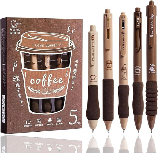 Cute Gel Pens 5Pcs Retractable Quick Dry Ink Pens 0.5mm Fine Point Black Ink Kawaii Smooth Writing Pens for School Office Supplies Aesthetic pretty pens (Coffee)-DeskLoop Office