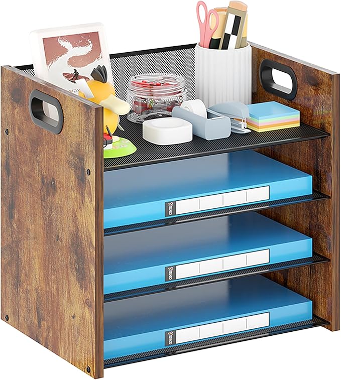 Wood Desk Organizer - 4-Tier Desktop File Organizer, Wooden Paper Organizer, Office Desk Organizer for Papers, Mail, Notebooks, Stationery-DeskLoop Office