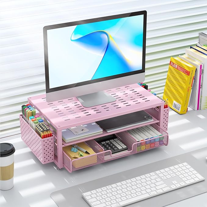 gianotter Desk Organizers and Accessories, Monitor Stand with Drawer and 2 Pen Holder, Desktop Organizer Suitable for Offices and Dormitories (Pink)-DeskLoop Office