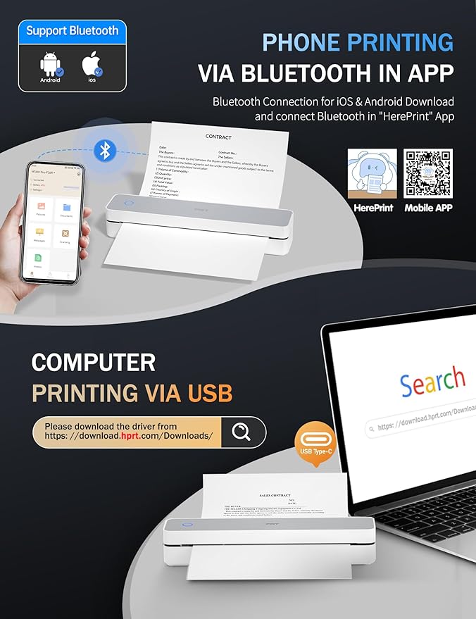 PRT Portable Printer Wireless for Travel, Inkless Bluetooth Small Mobile Thermal Printer, Support 8.5" X 11", A4, Compatible with iOS, Android, Laptop for Home Use, Office & Vehicles, 300 DPI, White-DeskLoop Office