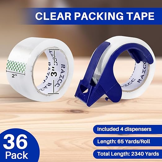 Clear Packing Tape, 36 Rolls Heavy Duty Packaging Tape with Dispensers for Packing Shipping Moving and Sealing, Thicker Packing Tape-2" x 65 Yards Per Roll, 2340 Total Yards-DeskLoop Office