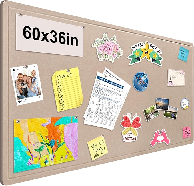 Foldable Large Bulletin Board, 60x36 Inches Cork Board Alternative, Large Felt Board Decorative Pin Board for Wall, Foldable Photo Board Self-Adhesive Vision Board with 36 Pushpins Khaki-DeskLoop Office