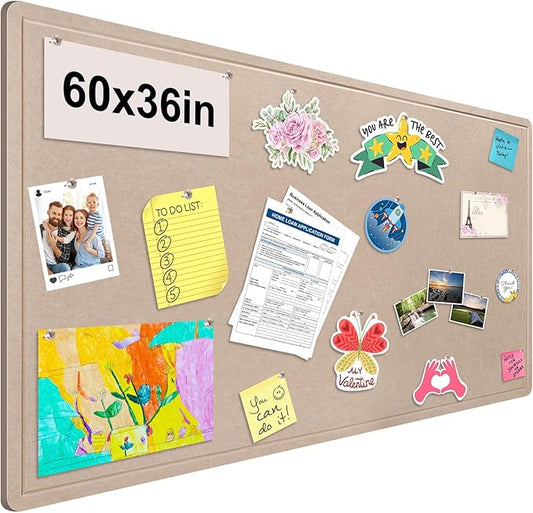 Foldable Large Bulletin Board, 60x36 Inches Cork Board Alternative, Large Felt Board Decorative Pin Board for Wall, Foldable Photo Board Self-Adhesive Vision Board with 36 Pushpins Khaki-DeskLoop Office