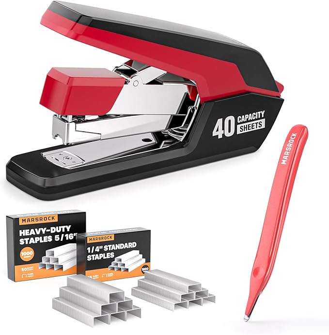 Effortless Stapler for Desk with 40-50 Sheet Capacity, 2000 Staples, 1-Touch Stapling, Ergonomic & Easy to Load Desktop Staplers, Heavy Duty Stapler, and Magnetic Staple Remover, Red-DeskLoop Office