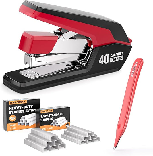 Effortless Stapler for Desk with 40-50 Sheet Capacity, 2000 Staples, 1-Touch Stapling, Ergonomic & Easy to Load Desktop Staplers, Heavy Duty Stapler, and Magnetic Staple Remover, Red-DeskLoop Office