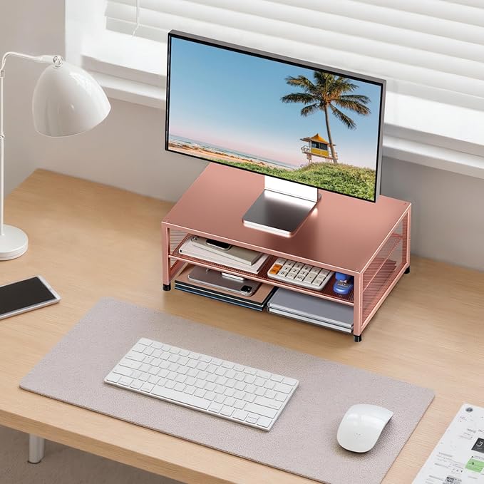 Computer Monitor Stand Riser, Desk Organizers and Accessories, Printer & Laptop Stand, Office Desk Accessories & Desktop Workspace Organizers for Office Supplies (Rose Gold)-DeskLoop Office