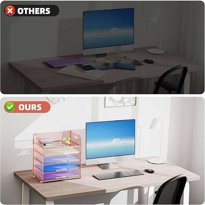 Marbrasse 5 Tier Paper Organizer Letter Tray, Mesh Desk File Organizer with Handle, Paper Sorter Desk Organizer for Home Office Supplies - Rose Gold-DeskLoop Office