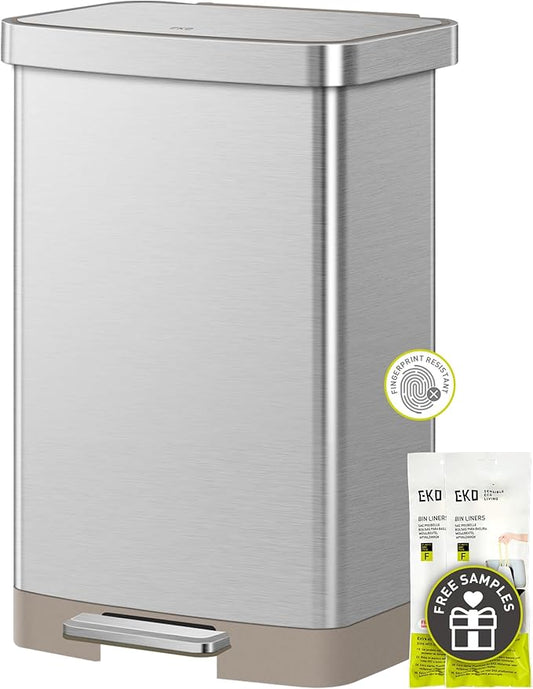 EKO Hudson Matte Stainless 50 Liter/13.2 Gallon Step Trash Can with Rear Trash Bag Storage Compartment-DeskLoop Office
