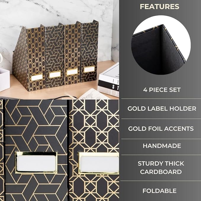 BLU MONACO Set of 4 Stylish Black & Gold Geometric Magazine File Holders with Gold Label Holders – Desk or Bookshelf Storage for Home, Office, Classroom Organization and Décor-DeskLoop Office