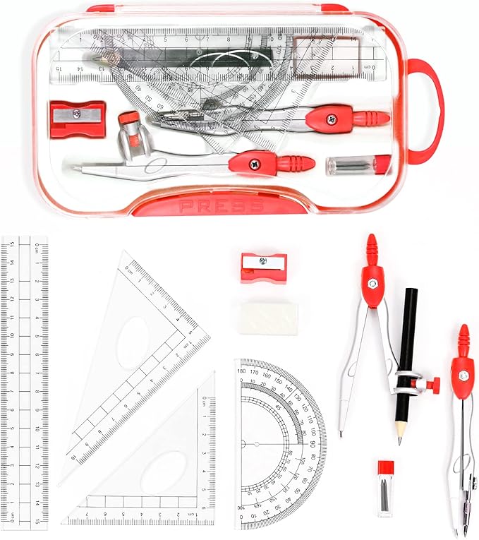 10 Pieces Math Geometry Kit Set Student Supplies with Shatterproof Storage Box,Includes Rulers,Protractor,Compass,Eraser,Pencil Sharpener,Lead Refills,Pencil,for School and Drawings(Red)-DeskLoop Office