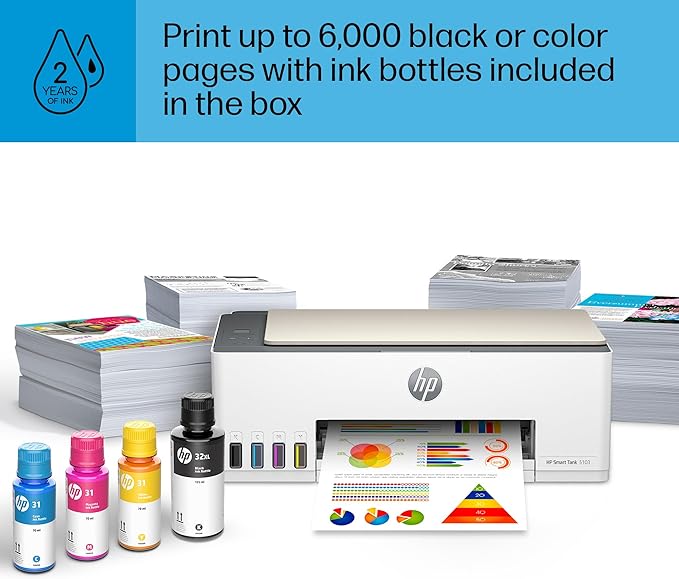 HP Smart Tank 5103 Wireless All-in-One Refillable Ink Tank Printer, Scanner, Copier with 2 Years of Ink and 100 Sheets of Photo Paper Included, Best for Home (5D1B2A)-DeskLoop Office