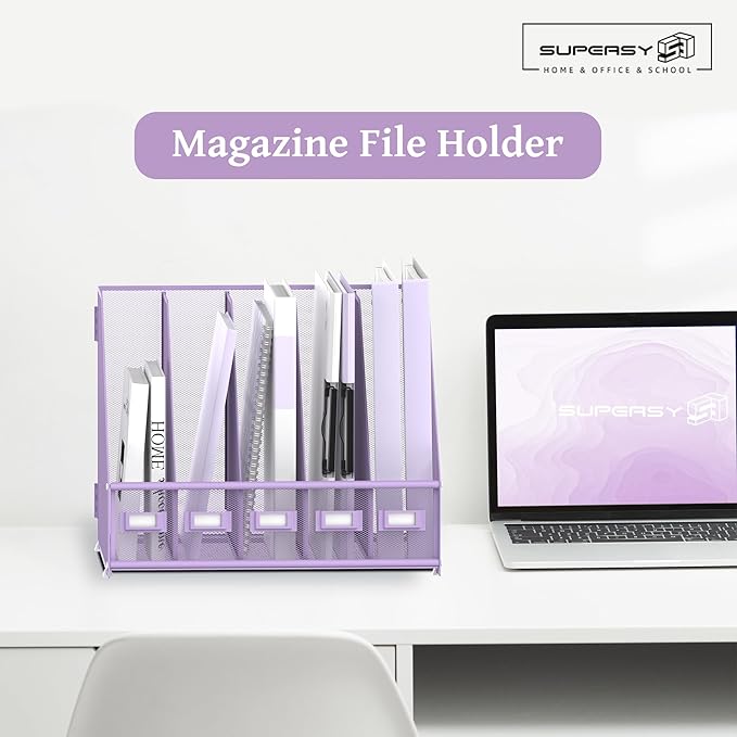 SUPEASY Desk Organizers Metal Desk Magazine File Holder with 5 Vertical Compartments Rack File Organizer for Office Desktop, Home Workspace, Purple-DeskLoop Office