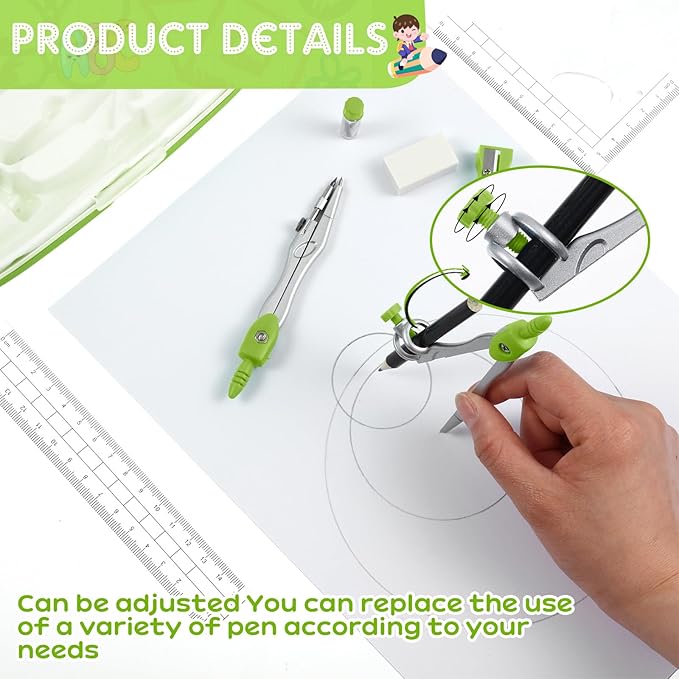 Teling 12 Sets Math Geometry Kit for Students 10 Pcs Compass Geometry Tools Set Includes Rulers Protractor Compass Eraser Pencil Sharpener Lead Refills Pencil (Green)-DeskLoop Office