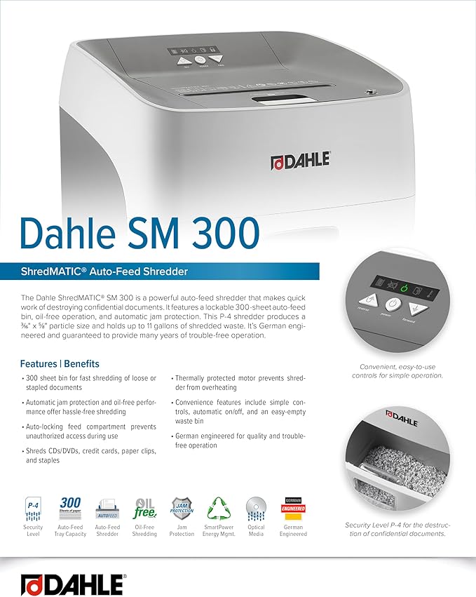 Dahle ShredMATIC SM 300 Auto-Feed Paper Shredder, Cross Cut, 300 Sheet Bin, German Engineered, Jam Protection, Oil Free, SmartPower, P-4 Security, Shreds CDs/Staples/Paper Clips/Credit Cards-DeskLoop Office
