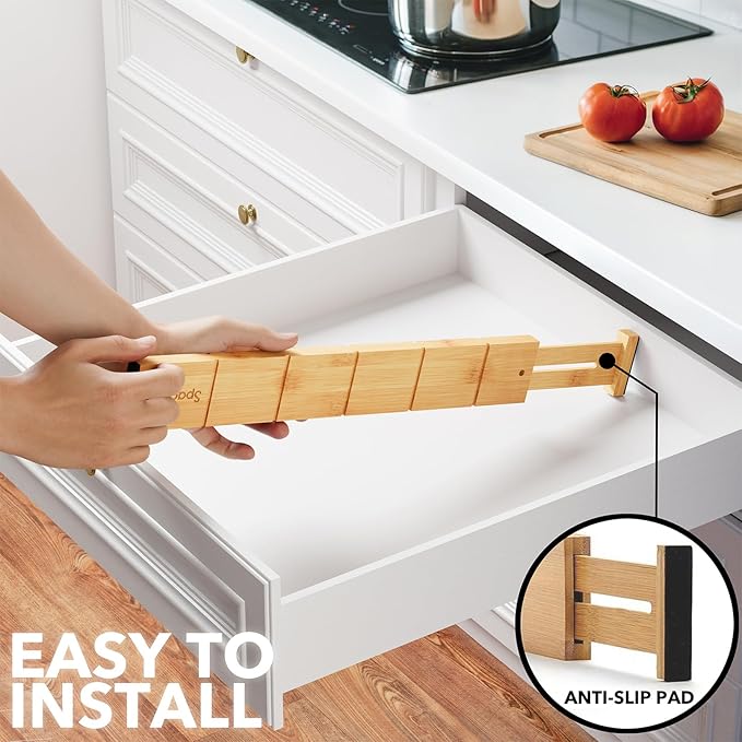 SpaceAid Bamboo Drawer Dividers with Inserts and Labels, Kitchen Adjustable Drawer Organizers, Expandable Organization for Home, Office, Dressers, 7 Dividers with 15 Inserts (17"-22" Natural)-DeskLoop Office