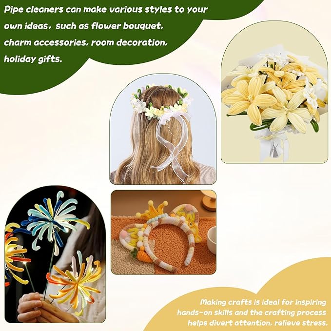 400 Pcs Pipe Cleaners Craft Set,4 Colors Chenille Stems Bulk with Floral Wires, Gardening Tape,Hot Glue Stick,Greeting Card,Bouquet Paper, Stamen & Ribbon, Flowers Craft kit for DIY Handmade Bouquet-DeskLoop Office