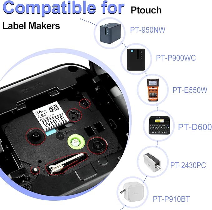 2PK TZe-FX251 1" Compatible for Ptouch Flexible ID Laminated Tape TZ-FX251 24mm 0.94 White Cable Wire Labels Tape for PT-D600 PT-D610BT PT-P710BT P700 Label Maker-DeskLoop Office