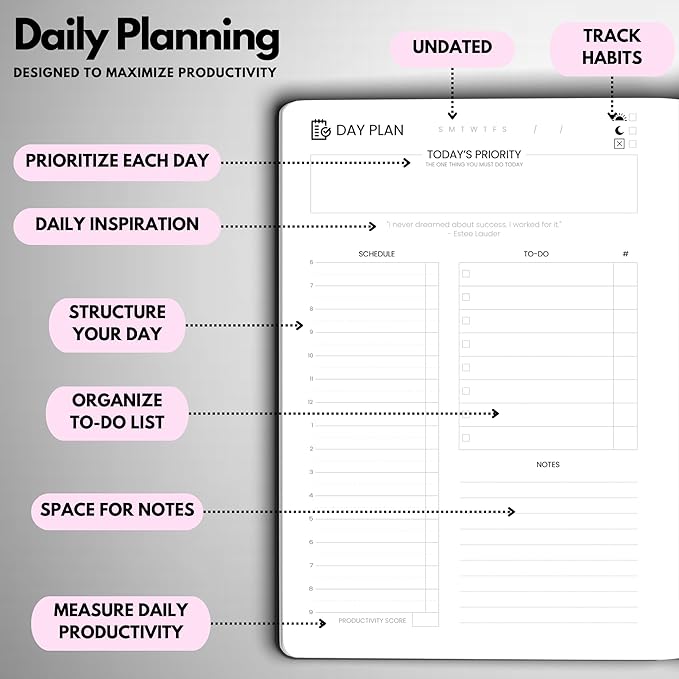 Undated Daily Planner – 6-Month A5 Productivity Organizer with Full Page Per Day, Hourly Schedule, Goal Setting, Habit Tracker, Weekly & Monthly Pages – Hardcover Time Management Notebook (Pink)-DeskLoop Office