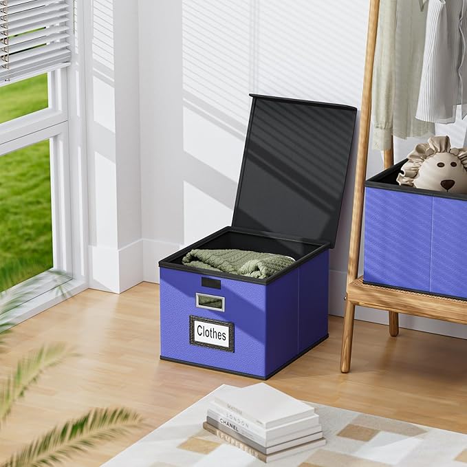 Huolewa File Organizer Box with Lid, Collapsible Leather File Folder Organizer for Office Document Storage, Filing Box with Plastic Slide for Letter/Legal Size Hanging Files,Navy Blue-DeskLoop Office