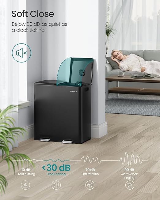 SONGMICS Trash Can, 2 x 8 Gallon (2 x 30 L) Double Garbage Can with Soft-Close Lids, Removable Inner Buckets, Pedals, Stainless Steel, for Waste and Recycling, Ink Black ULTB743B01-DeskLoop Office