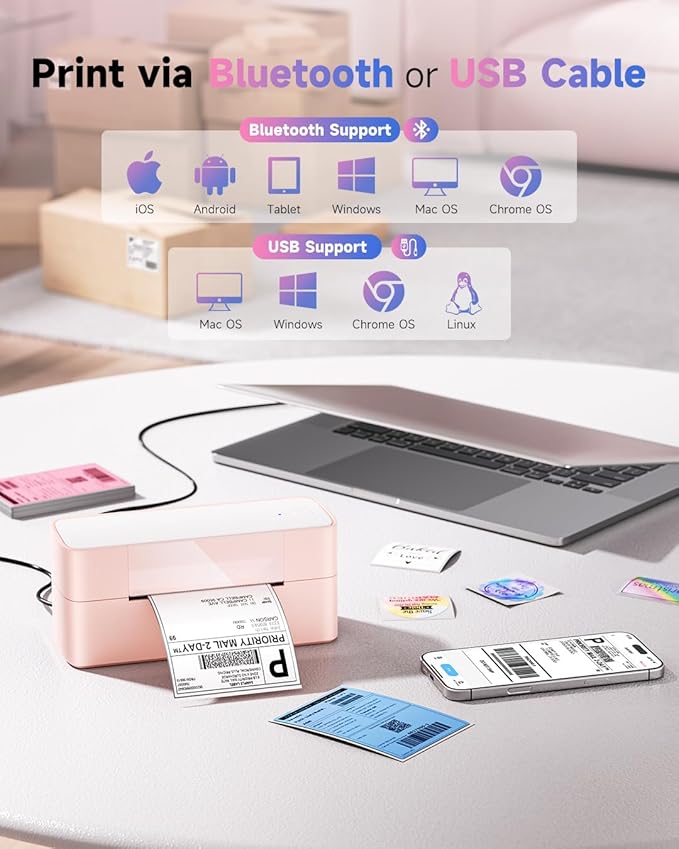 Bluetooth Thermal Label Printer Pink, Wireless 4x6 Thermal Shipping Printer Pink for Small Business & Shipping Package, Desktop Printing, Compatible with Amazon, Ebay, Shopify, Etsy, USPS-DeskLoop Office