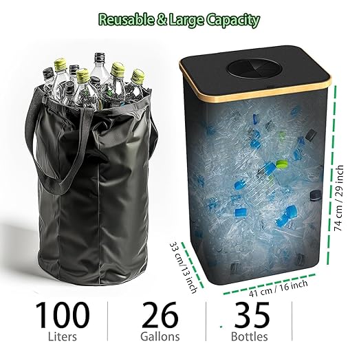 Recycling Bin for Kitchen Indoor Home, Large 100L/ 27 Gallon Recycle Bin with Lid Removeable Reusable Inner Bag Bottle Can Glass Waste Plastice Stickers (White, 27 Gallon)-DeskLoop Office