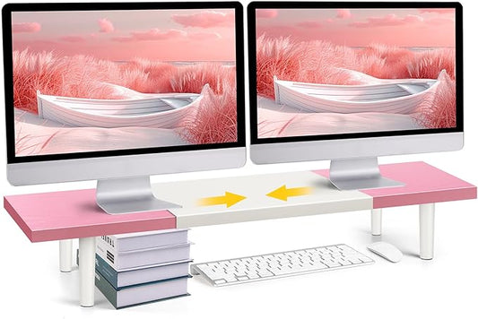 Dual-Monitor-Stand-Riser-For-Desk Adjustable Length 32-40 Inch,Large Desktop Computer Monitor Riser For 2 Screens,Desk Shelf Organizer Riser Stand For Computer/Laptop/PC/Printer/TV-DeskLoop Office