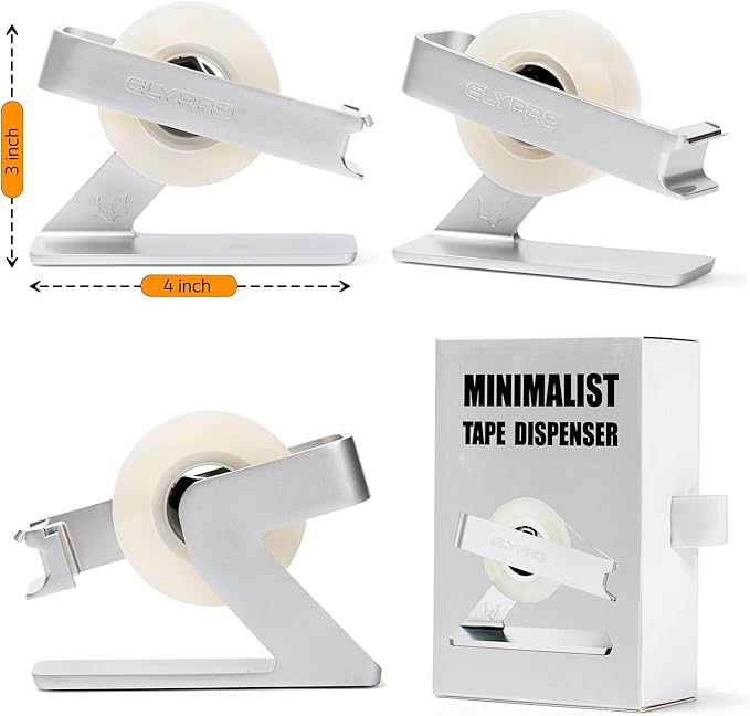 ELYPRO Modern Tape Dispenser for Office Desk - Elegant and Minimalist Design, Heavy Metal Made, Space-Saving, Perfect for Office & Home Use or as a Stylish Gift - Bonus Tape Roll Included (Silver)-DeskLoop Office